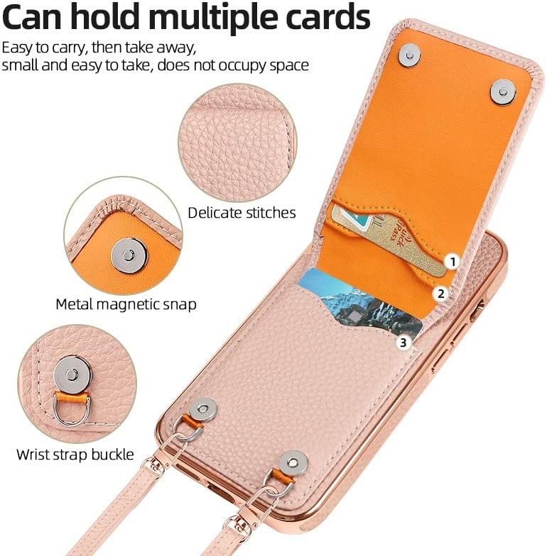 Caixa de carteira de proteção compatível com iPhone 14 Plus, couro premium+moldura eletroplatada, caixa de proteção de costas magnéticas com slots de cartão+correia, compatível com clipe de cinto de mulheres (cor: laranja