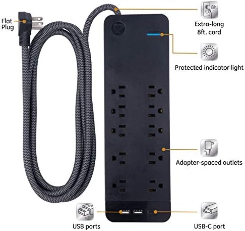 GE UltraPro 10 Protetor de Sutensão de Outlet e GE UltraPro 7 Outlet Surge Protector, 2 portas USB, cabo de alimentação de 4 pés, 1500 joules, 40482