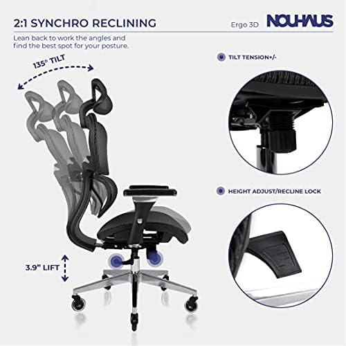 Nouhaus ergo3d Cadeira de escritório ergonômico - cadeira de mesa de rolagem com apoio de braço ajustável em 4D,