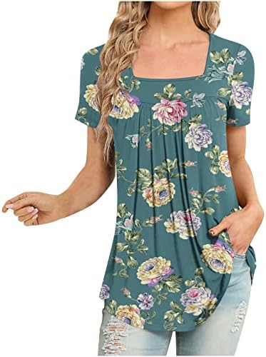 Mulheres túnicas de túnica de manga curta, feminino de camiseta casual esconde camisas da barriga blusa elástica elegante pescoço floral camiseta floral camiseta
