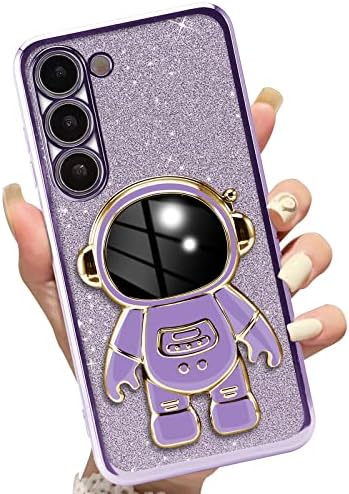 Aitipy for Sumsung Galaxy S23 Caso, suporte de astronauta 6D de luxo embutido, Bling Glitter Sparkly Black e Plating Edge Design, Tampa de proteção à prova de choque macio para mulheres-púrpura