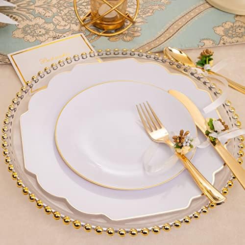 Undernal 150pcs Gold Plastic Dinnerware Inclui placas de plástico branco e dourado com placas quadradas