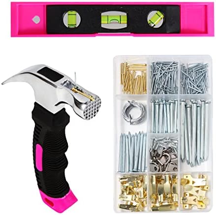 Kit de suspensão de imagens de brinquedo para mulher, 315pcs pendurados hardware com ganchos, arame, unhas, anel D, kit de parede com cabides, nível magnético e pequeno martelo de garra rosa, conjunto de ferramentas para casa para decoração de casa