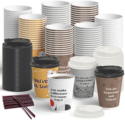 Dessie 100 xícaras de café descartáveis ​​com tampas 12 onças, para ir a xícaras de papel com tampas e agitadores, xícaras de café motivacionais com tampas 12 onças.