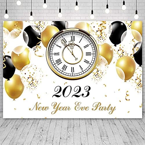 Aibiin 8x6ft Feliz Ano Novo Ano Novo 2023 Balões de ouro e pretos Relógio de tempo Fotografia Antecedentes