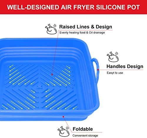 Vitoler 2 Pack Square Air Fryer Silicone Liners -8,5 polegadas Reutilizável Fryer Silicone Pot, cesta de silicone em alimentos para fritadeira de ar Acessórios para fritadeiras