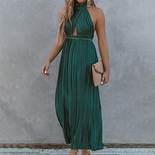 Mulheres à noite Longo Prom Dress Crossover Crossover Halter Neck Mleeless Pleated Dresses Cutout Backless