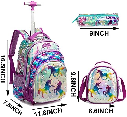 Mochila rolante do Zbaogtw Unicorn para mochila para meninas com rodas lancheiras e bolsa de lápis, mochila com rodas de comprimento ajustável para a escola, viagens, piquenique