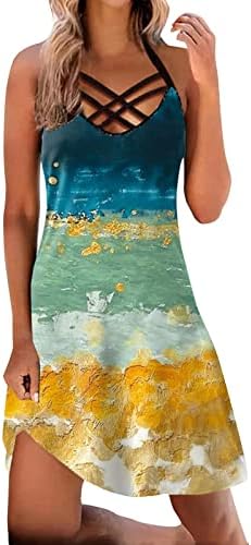 Vestido de halter feminino Cross V pescoço de praia vestido de verão impressão sem mangas Vestidos havaí