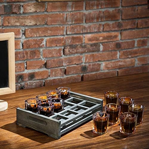 MyGift 12 Shot Glass Set Party Server com bandeja de madeira cinza vintage, óculos de tiro para tequila