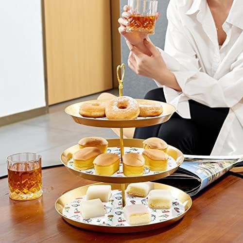 Dragonbtu 3 Cupcake Stand com Rod Gold Rod Plástico Padrão de bandeja da torre de sobremesa com