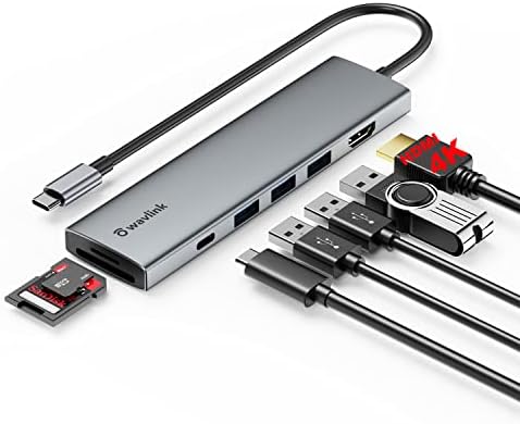 WAVLink USB C Hub, adaptador multitor de 7 em 1 tipo C com entrega de energia 100W, 4K@30Hz HDMI, slots de cartão