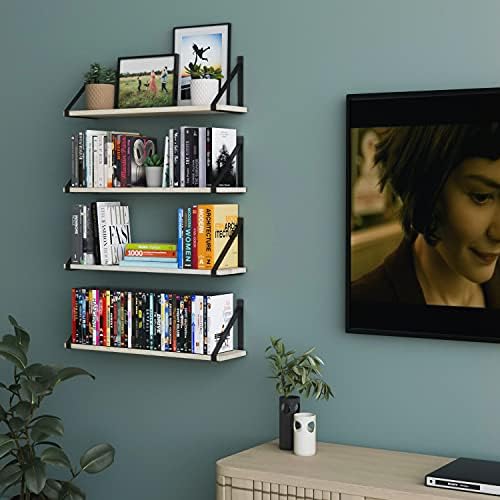 Prateleiras flutuantes de Wallniture Bora para armazenamento de parede, prateleiras de livros flutuantes de 24 x6 para sala de estar, prateleiras de parede de madeira natural para livros e armazenamento em DVD, conjunto de 4