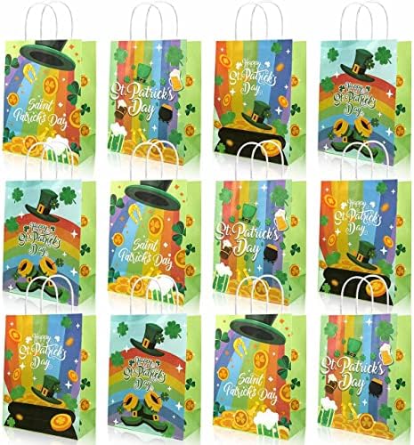 12 peças St. Patrick Day Party Gift Sacors com Handle Shamrock Sacos de papel tema de festa Lucky Goody Bags Green Ireland Birthday Gift Bag para Favors de suprimentos para festas do dia de St. Patrick