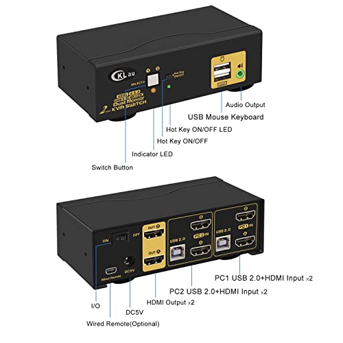 Cklau 2 Porta Monitor duplo KVM Switch HDMI 4K60Hz com áudio e cabos para 2 computadores compartilhando