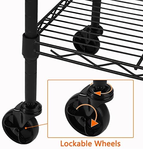 Unidade de prateleiras de armazenamento pesado ajustável de 5 prateleiras em rodízios de 4 rodas, rack de arame de organizador de metal para roupas de cozinha de banheiro, preto