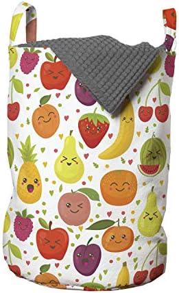 Bolsa de lavanderia de frutas de Ambesonne, Banana sorridente de amoreira engraçada Happy Apricot Peach Hearts tema, cesta de cesto com alças fechamento de cordão para lavanderias, 13 x 19, multicolor