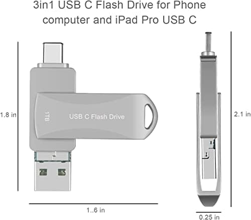 Drive USB 1 TB para telefone com USB-C, Woficlo USB3.0 para USB Tipo-C de unidade flash 1000 GB, Memória de transmissão de alta velocidade para Mac Pro, Samsung Galaxy, iPad Pro, PC.