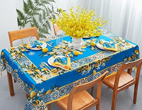 Provence Blue Lemon Lemon Mediterrâneo Toleta de mesa - toalha de mesa sem rugas para decorações de verão da primavera, piqueniques e festas - Retângulo de interior externo, mancha e água, retângulo de 60 x 102 polegadas