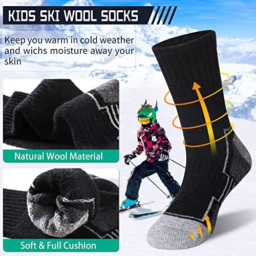 Crianças de caminhada de meias de caminhada, meninos meninas crianças meias quentes de lã Merino, meias da tripulação da almofada Wicking