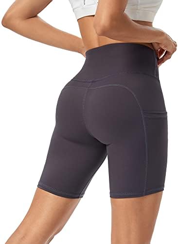 Promover shorts de ioga de bicicleta de cintura alta para mulheres com bolsos Executando shorts de compressão 5 /8 Controle de barriga
