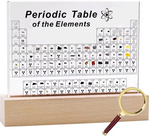 Tabela periódica de Sethvill com 83 elementos reais no interior, tabela periódica acrílica de elementos químicos com suporte de madeira e lupa, exibição de mesa periódica com elementos para alunos para professores