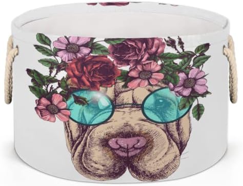 Hippie Dog Flor Floral Flor Grande cestas redondas para cestas de lavanderia de armazenamento