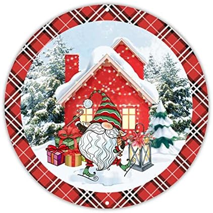 Decstic Welcome Platth Christmas com Gnome Round Aluminium Sign House Snow House Buffalo Plaid Sign Christmas