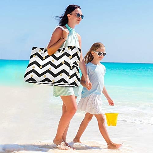 Bolsa de praia de Alaza, zigue -zague em preto e branco com pontos de viagem glitter para camping, exercícios