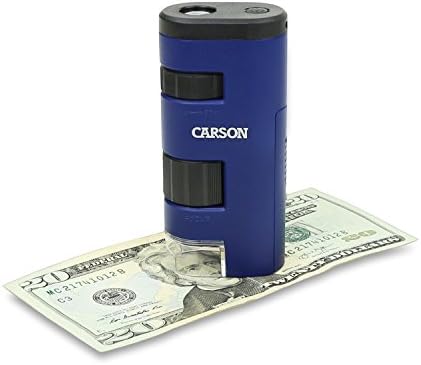 Carson Micromini 20x Microscópio de bolso iluminado por LED com lanterna UV e LED integrada, micro-zoom de LED Green & Pocket 20X-60X Microscópio de campo de zoom iluminado com sistema de lente asférica, azul