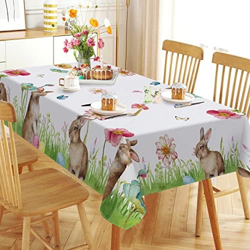 Tailus Easter Bunny ovos Flores Trepa de mesa Retângulo 60 x 84 polegadas, Rabbit Poppy Dahlia Tabela decorativa Tabela de jantar Tapa de mesa