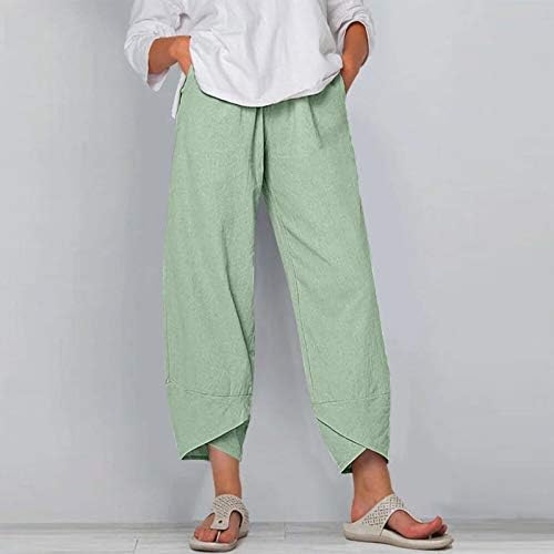 Calça de linho dkinjom para mulheres estriaght fit boho yoga calça calça de perna larga e elástica solta