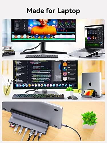 Stand vertical de laptop da estação de ancoragem USB C, Quuge 8 em 1 USB C DOCK com 4K 60Hz HDMI 2.0, 1 Gbps Ethernet, 2*USB-A 5Gbps Transferência de dados, 100W, TF/SD 3.0, Gerenciamento de mesa MacBook Pro Air Air