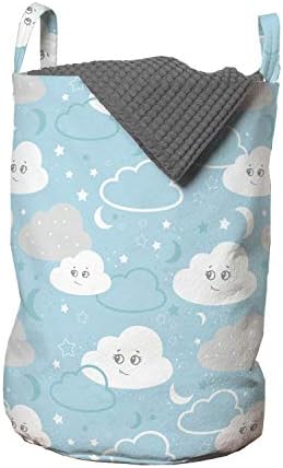 Bolsa de lavanderia infantil lunarável, tema do céu nuvens humanas com padrão de crescente e estrelas, cesta de cesto com alças fechamento de cordão para lavanderias, 13 x 19, cinza pálido azul -céu cinza