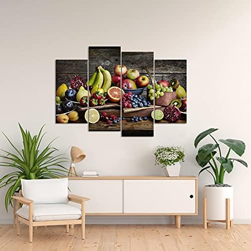Duobaorom 4 peças Arte da parede da cozinha vintage Vários alimentos de frutas frescas em mesa de madeira vintage para a decoração da casa da sala de jantar esticada e emoldurada pronta para pendurar