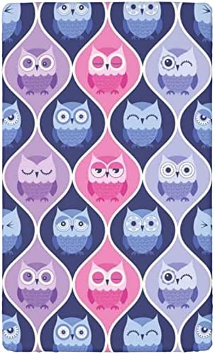 Mini-berço com tema de coruja lençóis de berço, lençóis mini berços portáteis Ultra Soft Material Baby para meninos meninas, 24 “x38“, azul rosa roxo