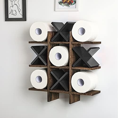 Tic tic tac toe higonet paper stand stand rústico de papel higiênico de madeira armazenamento banheiro pendurado armazenamento de armazenamento prateleiras montadas na parede decoração de parede para decoração de fazenda de papel higiênico