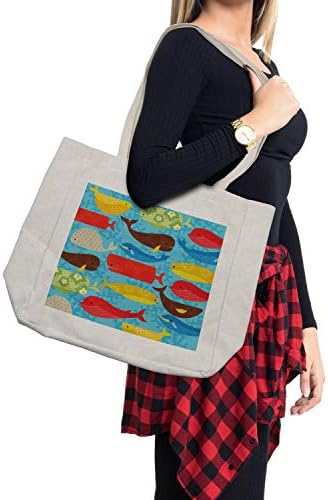 Bolsa de compras de baleias de Ambesonne, padrão de repetição temática de desenho animado colorido Vários