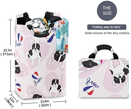 Yyzzh Bulldog francês com bandeira da França Design de moda de coração grande lavanderia bolsa de cesta de cesta de cesto de compra de poliéster colapsável cesto de roupa dobrável bolsa dobrável lixo de lavagem