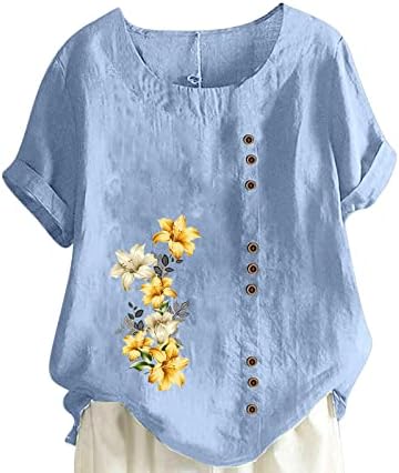 Camisetas para mulheres de verão de linho de algodão casual tops de túnica plus size floral camisetas
