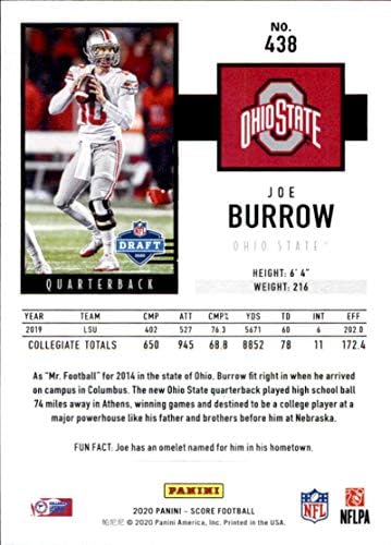 2020 Pontuação #438 Joe Burrow Ohio State Buckeyes Cartão de futebol novato