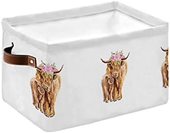 Cesta de armazenamento Highland Cattle Yak Cow com lixeira de armazenamento de flores com alças, arte de animais em caixas de cubos de armazenamento de organizações dobráveis ​​brancas para armário, roupas de lavanderia, banheiro, brinquedos de berçário