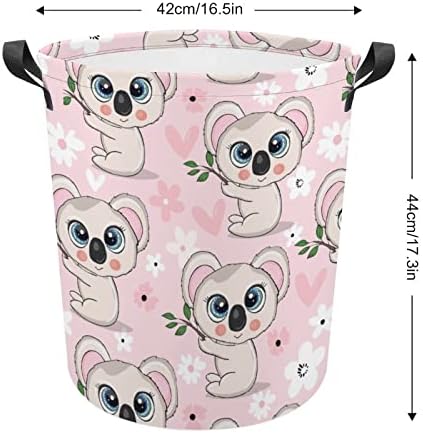 Koala rosa fofa grande lavanderia cesto sacos de cesta colapsível colorido flor de roupas de roupa impermeável com alças de armazenamento fácil para sala de estar, organizador de brinquedos
