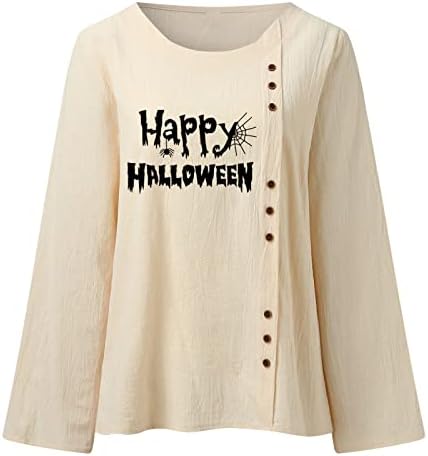 BEUU Business Casual Imprimir camisetas camisas de Halloween para mulheres Manga longa o Pescoço Tops de linho de algodão Bloods Down Bloups