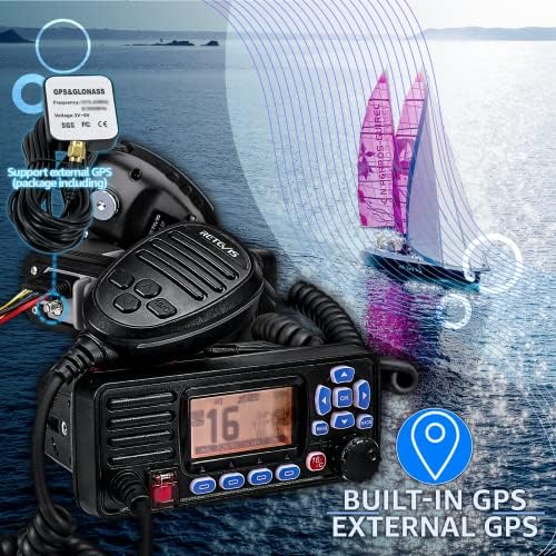Rádio Marine Mount Mount Fixed Mount com GPS, IP67 à prova d'água, relógio triplo, DSC, clima de emergência NOAA, todos os canais marinhos dos EUA/Internacional/Canadian, enviam rádio para barcos, preto