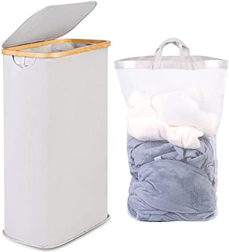 Efluky Slim Laundry cesto com tampa, cesto de lavanderia estreita com sacos removíveis, cesta de roupas sujas dobráveis ​​com alças para banheiro, quarto e lavanderia, 63L bege
