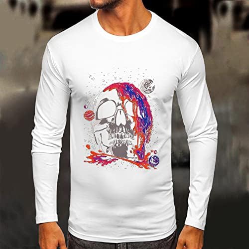 XXBR T-shirts de manga longa masculina Fall Fall Slim Fit Galaxy Space Skull Print Crewneck Tee Tops