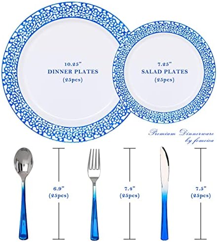 Placas de plástico azul royal de Fomoica e talheres de prata azul - 125 PCS Conjunto de jantar de plástico premium disposto - Placas de jantar azul de bebê azul marinho reutilizável - festas de aniversário, casamento