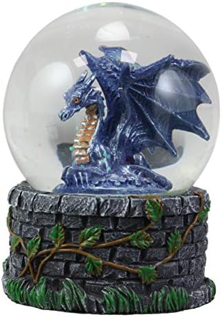 Ebros Pequeno fantasia azul da meia -noite dragão sentado em repouso glitter water globe estatueta com base na torre do castelo de stonewall 3,5 de altura