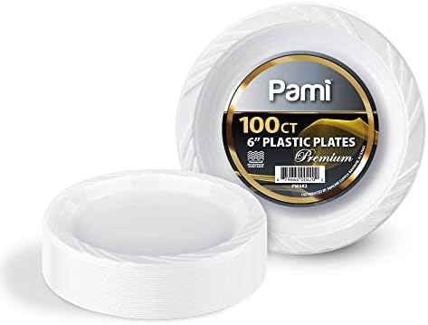 Placas de plástico descartáveis ​​premium Pami 6 '' [pacote de 100]- Placas de festa brancas para sobremesas de jantar Apertizadores- Placas de microondas pesadas a granel para qualquer ocasião- Conjunto de utensílios de plástico elegante